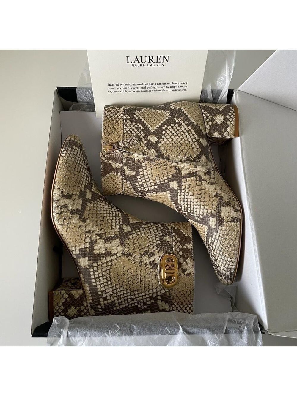 Nib Ralph Lauren Wynne II Python Embossed Leather Block Heel Booties Boots - Picture 14 of 16